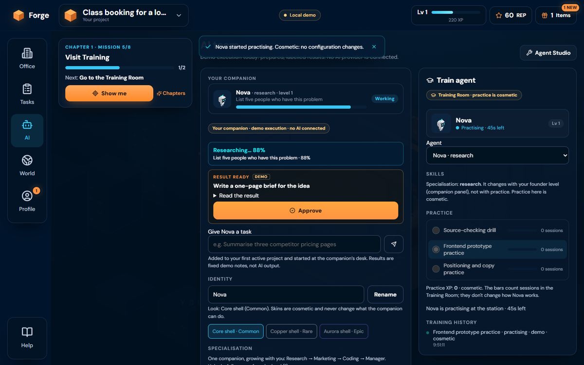 Screenshot of the AI screen: the companion and workers with their status, and the Training panel