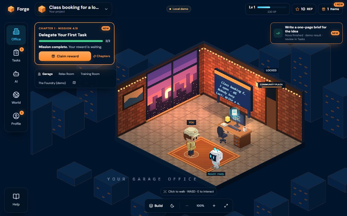 Screenshot of the founder's garage office: the AI companion has just finished a demo task