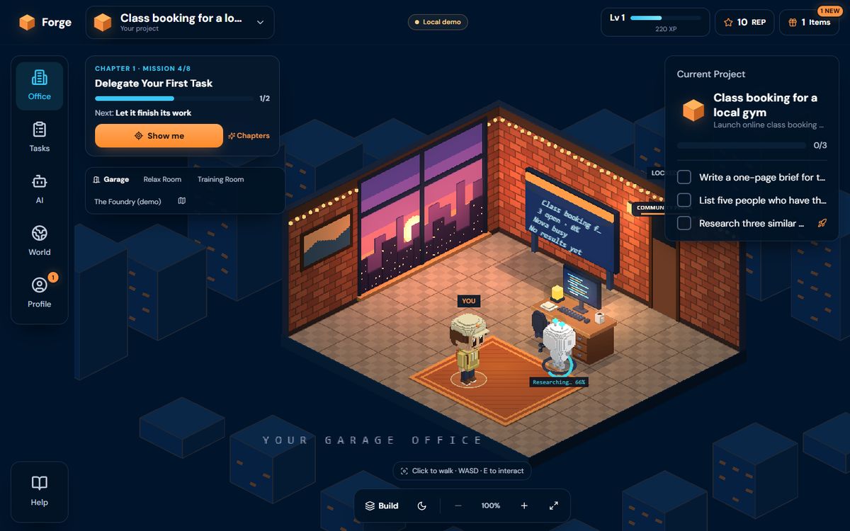 Screenshot of the garage: the AI companion researching at its desk, with its progress shown above it