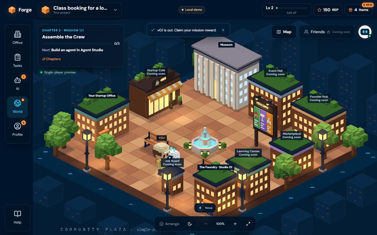 Screenshot of the Community Plaza at night: fountain, café, Museum and lamp posts, with the founder and the companion