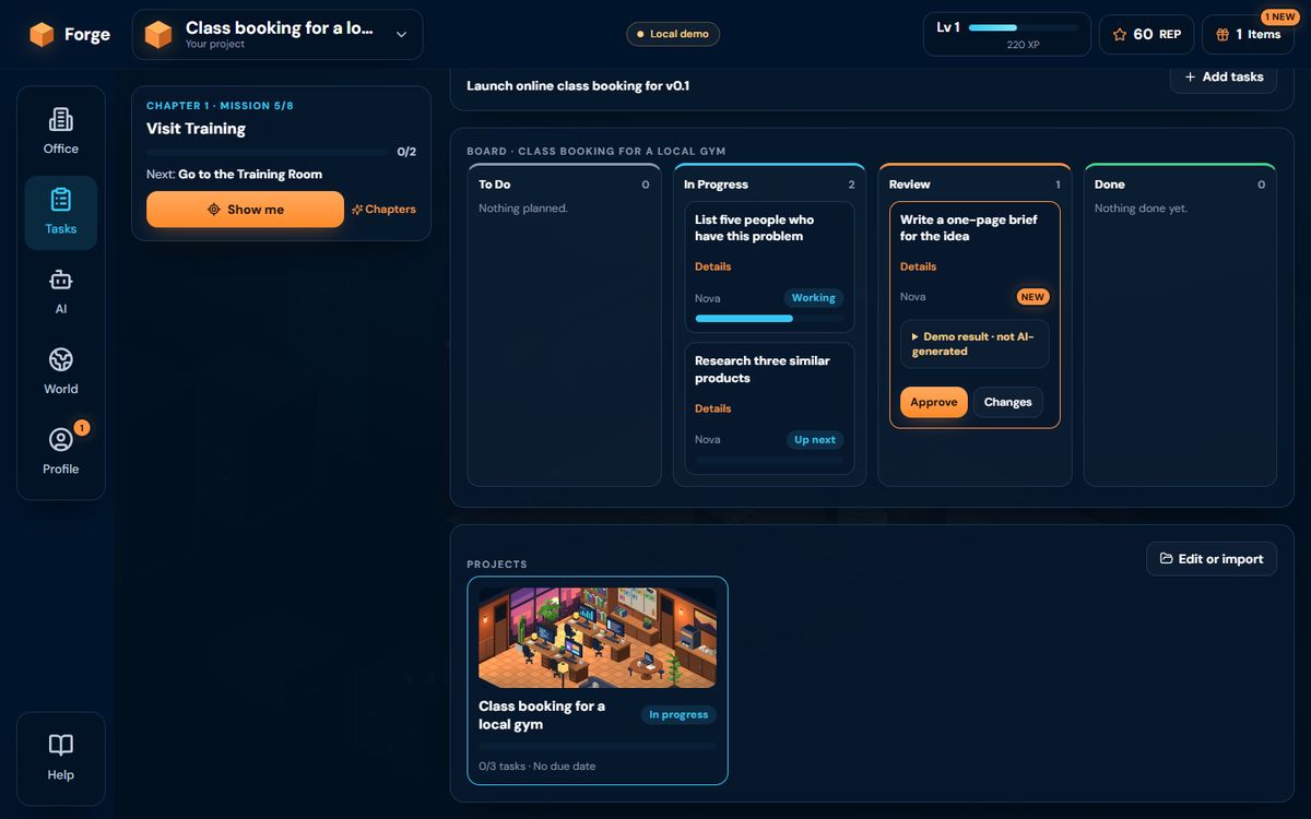 Screenshot of the project board and a project card with an isometric office thumbnail
