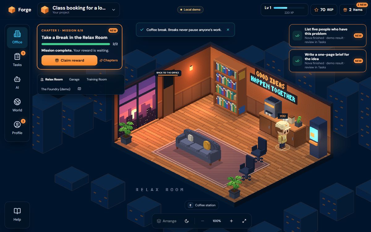 Screenshot of the Relax Room: sofa, bookshelf, coffee station and arcade, with the founder and the AI companion