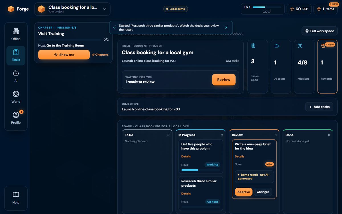 Screenshot of the Tasks home: the current project, its objective, a result waiting for review and four counters